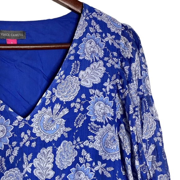 Vince Camuto Blue Gray Floral Print Smocked Waist Balloon Sleeve Peplum Small - Picture 9 of 16